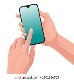 Smartphone in hands. Touching blank screen. Using mobile smart phone, vector cartoon illustration for web sites and banners design. Isolated white background.
