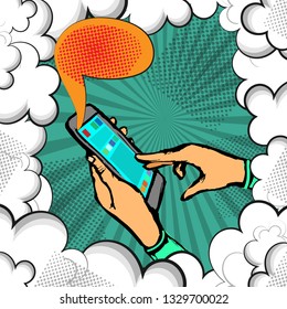 Smartphone in the hands of the user and the dialog box on top on the background of pop art wallpaper in vintage style. Vector illustration