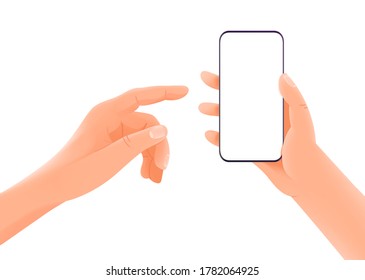 Smartphone in hands vector mockup isolated on white background. Layered editable vector clipart