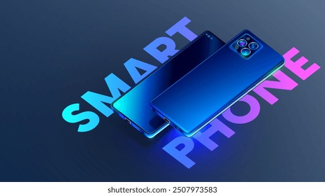 The smartphone is hanging over the table with the camera facing up. Smartphone rotated or turned by camera. Smartphone camera close-up view. Mobile cell. Shiny modern phone in neon lights background.