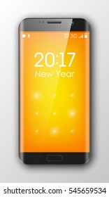 Smartphone with 'Happy New Year 2017' on clock. Phone sms on the screen