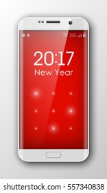 Smartphone with 'Happy New Year 2017' on clock. Phone sms on the screen