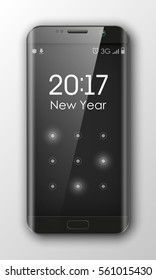 Smartphone with 'Happy New Year 2017' on clock. Phone sms on the screen