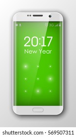 Smartphone with 'Happy New Year 2017' on clock. Phone sms on the screen
