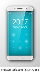 Smartphone with 'Happy New Year 2017' on clock. Phone sms on the screen