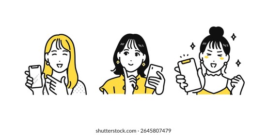Smartphone happy young woman icon illustration set