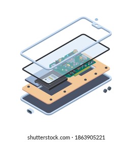Smartphone hardware. Isometric layers of inside touch screen gadgets or tablet pc motherboard mobile vector repair service concept