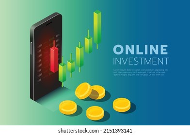 Smartphone tiene una gráfica de candelabros, beneficios de inversión e Isometric Illustration.