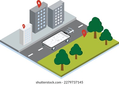 smartphone has driving wheels. with wireless navigation map GPS satellite navigation travel tourism Comparison in city and forest. Nature. 3D illustration.vector