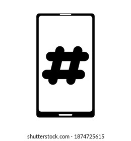 Smartphone and hashtag black on white background sign for design, vector illustration