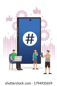 Smartphone with hashtag sign, people and social networks. Vector illustration, 