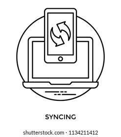 A smartphone having reversible arrows on a laptop depicting syncing 