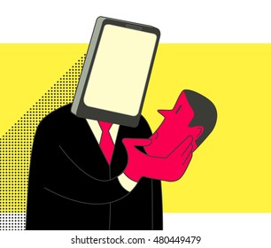 Smartphone head man holding human head. Social media addiction concept illustration.