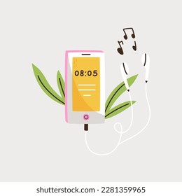 Smartphone with headphones attached. Self care and hobby concept. Suitable for landing pages, stickers, banners, icons, book covers etc.