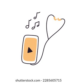 Smartphone con audífonos. Ilustración de pantalla plana dibujada a mano