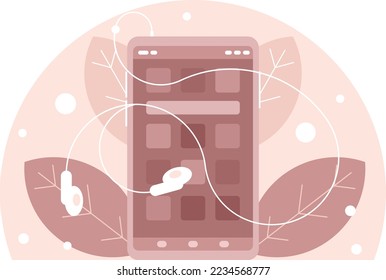 Smartphone with headphones. Listening to music. Phone screen with apps. Vector graphics