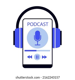 Smartphone with headphones. People listening speakers from broadcasting station flat vector illustration. Radio and technology concept