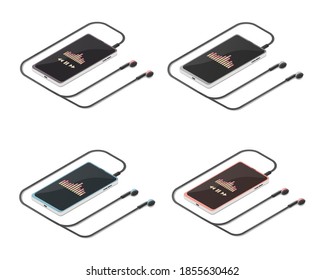 Smartphone and headphones set. Isometric vector illustration. Music playback. Listen to music on your smartphone.
