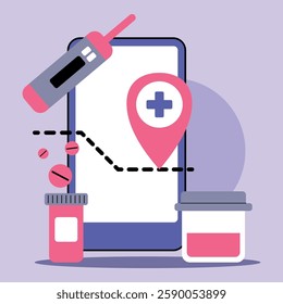 Smartphone health app with medical cross and location marker. Thermometer, pill bottles, and medication nearby. Integration of technology in health management concept