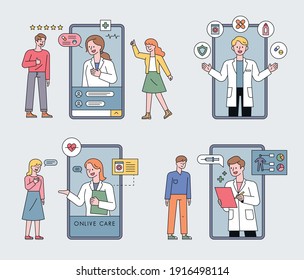 Smartphone health care. Customers are seeing doctors on mobile. flat design style minimal vector illustration.