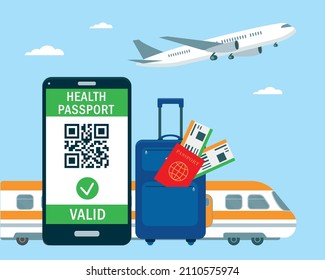 Smartphone with Health Passport QR-code on the screen and Luggage with passport and boarding pass tickets. Concept of Safety travel after the Covid-19 pandemic. Vector illustration.