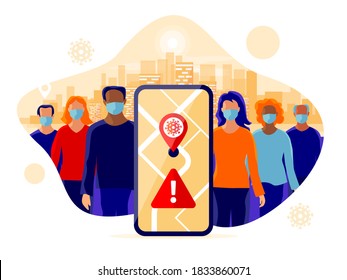 Smartphone Health Tracking Location App With People Wearing Protection Face Mask To Prevent Covid Coronavirus, Disease, Flu. Group Person Standing In City. Map Location Contact Tracing Mobile Phone.