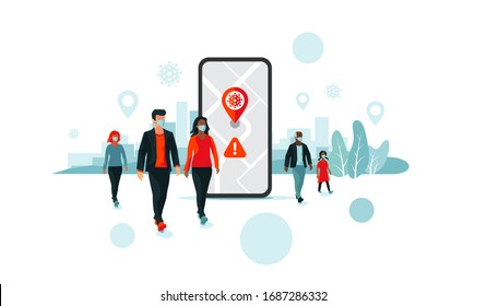 Smartphone Health Virus Tracking Location App With People Wearing Protection Face Mask To Prevent Coronavirus, Disease, Flu, Air Pollution. Old Man Young Woman Person Walking. City Illustration.