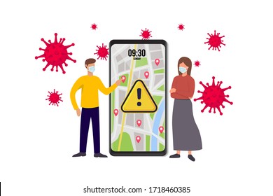 Smartphone health virus tracking location app with people wearing protection face mask to prevent coronavirus, disease, flu, air pollution. Old man young woman person walking. City illustration.
