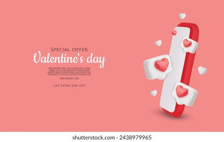 Smartphone with heart. 3D valentine illustration with hearts. Vector illustration