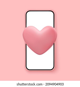 Smartphone con vector 3d del corazón. Mensaje de amor de San Valentín. A los medios sociales les gusta o comentan, comentarios en el sitio web. Amor, boda, compromiso, citas y símbolo de pasión.