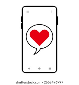 Smartphone mit Herz Chat Blase Vektorgrafik. Ein moderner Smartphone-Bildschirm, der eine große Chat-Blase mit einem kräftigen roten Herz im Inneren zeigt.