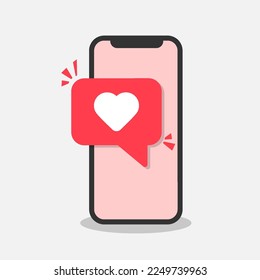 Smartphone con burbuja de habla de emoji cardíaca recibe mensaje en pantalla. A los medios sociales les gusta el concepto. Comunicación, símbolo de charla. Signo de mensaje de "Me gusta". Estilo de moda. Ilustración vectorial.