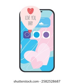 Smartphone with heart emoji speech bubble get message on screen. You have a love message. Social media online concept, online communication. Design for valentines day. Love you, babe