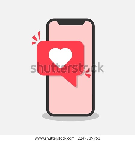 Smartphone with heart emoji speech bubble get message on screen. Social media like concept. Comunication, chatting symbol. Liked message sign. Trendy style. Vector illustration.