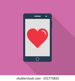 Smartphone with heart icon, flat style with long shadow, vector.