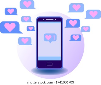 Smartphone con icono cardíaco en burbuja de mensajes. Me gusta en las redes sociales