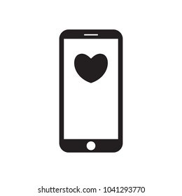 Smartphone with heart icon on the screen. Modern gadget. Love message. Mobile device. Black and white vector illustration.