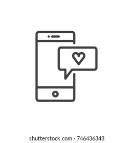 Smartphone with heart message line icon, outline vector sign, linear style pictogram isolated on white. Love chat symbol, logo illustration. Editable stroke