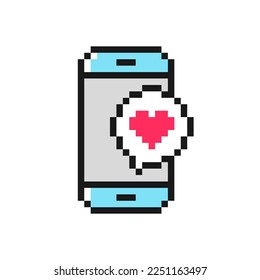 Smartphone con icono de píxel de mensajes de corazón. Símbolo de amor para el Día de San Valentín. Aislado en el signo vectorial de fondo blanco