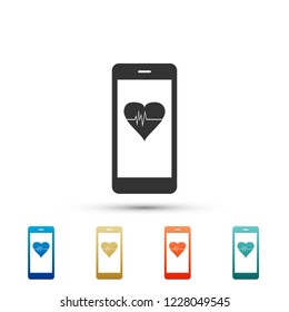 Smartphone with heart rate monitor function icon isolated on white background. Set elements in colored icons. Flat design. Vector Illustration