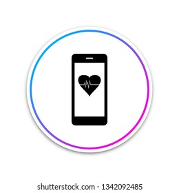 Smartphone with heart rate monitor function icon isolated on white background. Circle white button. Vector Illustration