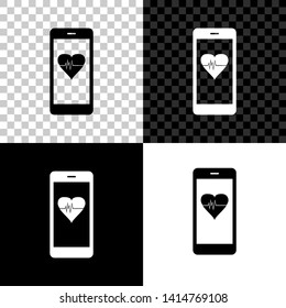 Smartphone with heart rate monitor function icon isolated on black, white and transparent background. Vector Illustration