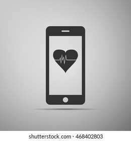 Smartphone with heart rate monitor function on grey background. Adobe illustrator