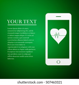 Smartphone with heart rate monitor function flat icon on green background. Vector Illustration
