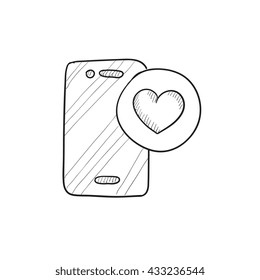 Smartphone with heart sign vector sketch icon isolated on background. Hand drawn Smartphone with heart sign icon. Smartphone with heart sign sketch icon for infographic, website or app.