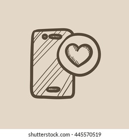 Smartphone con icono de esbozo vectorial de signo cardíaco aislado en segundo plano. Teléfono inteligente dibujado a mano con icono de signo cardíaco. Smartphone con icono de boceto de signos cardíacos para infografía, sitio web o aplicación.