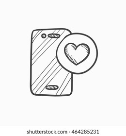 Smartphone with heart sign vector sketch icon isolated on background. Hand drawn Smartphone with heart sign icon. Smartphone with heart sign sketch icon for infographic, website or app.