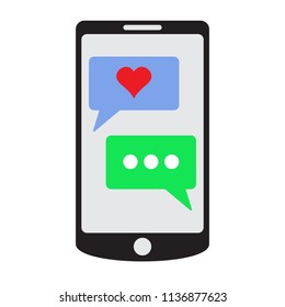 Smartphone with heart in a sms speech bubble, mobile phone and love sms message.