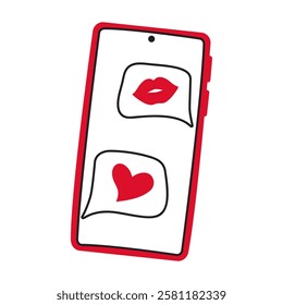 Smartphone with heart speech bubble get message on screen doodle style Hand drawn flat style love isolated Romantic symbol of love for poster tattoo Valentines Day card line art Vector illustration