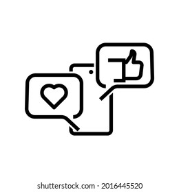 Smartphone with heart in speech bubble line icon. Customer review, love message, like symbol.